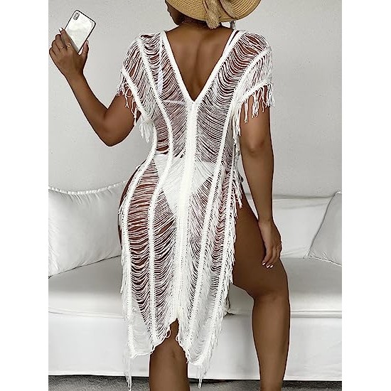 Boho Crochet Tassel Knit Swimsuit Split Cover Up Dress