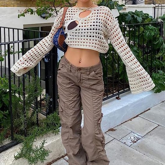 Women Crochet Knit Fishnet Crop Top