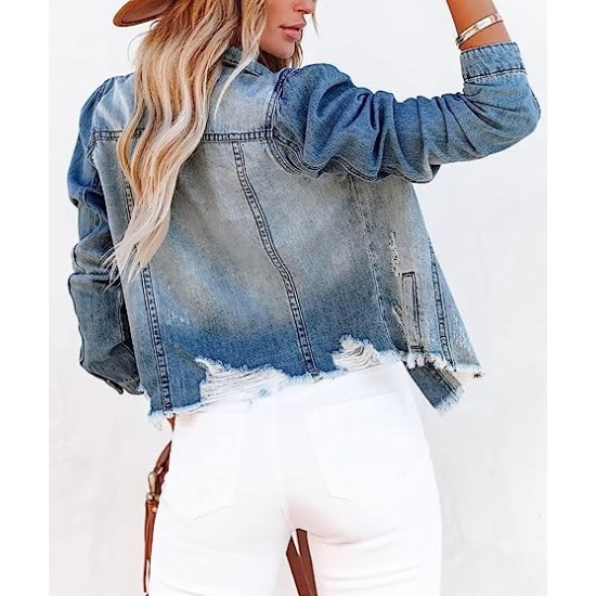 Womens Denim Jacket Distressed Frayed Ripped Jean Jacket