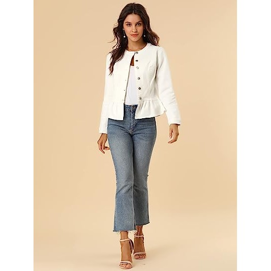 Collarless Round Neck Button Down Cropped Ruffle Hem Jacket