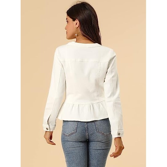 Collarless Round Neck Button Down Cropped Ruffle Hem Jacket