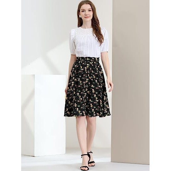 Floral Skirt for Women's Knee Length A-line Summer Skirt