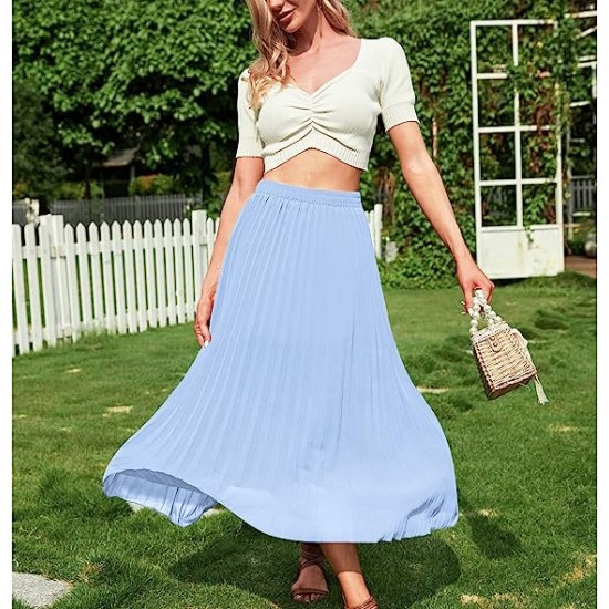 Women's Floral Printed Chiffon Elastic High Waist Pleated Long Maxi Skirt