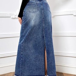 Women's Casual Raw Hem High Waist Jean Skirt