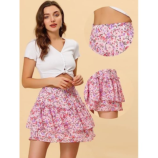 Floral Skirt for Women's Tiered Ruffle Cute Summer Mini Skirt