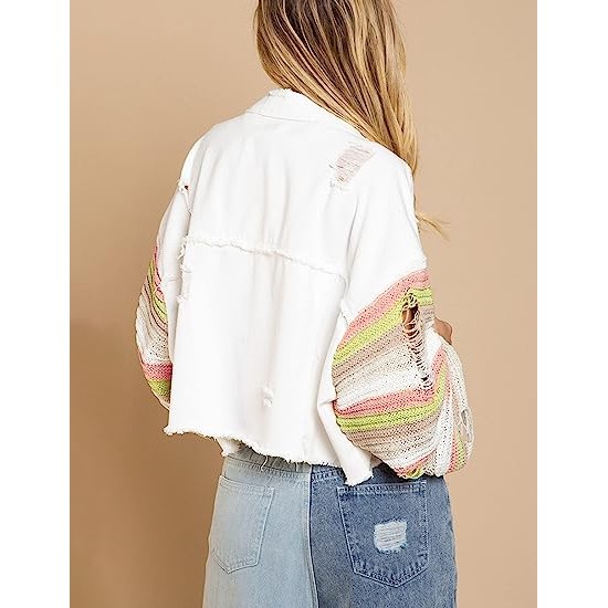 Womens Rainbow Sweater Sleeve Crop Denim Jacket