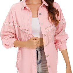 Women’s Fashion Rhinestone Fringe Jacket Long Sleeve Denim Jean Jackets