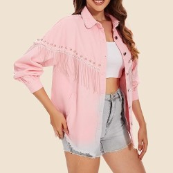 Women’s Fashion Rhinestone Fringe Jacket Long Sleeve Denim Jean Jackets