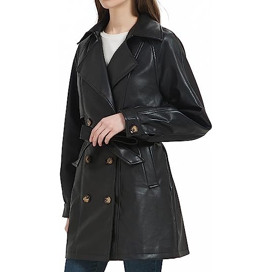 Women Mid Length Vegan Leather Trench Coat