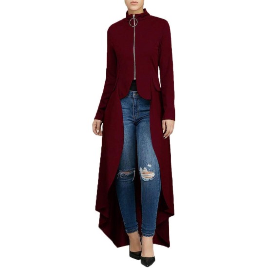 Women Long Dovetail Gothic Trench Coat Front Zipper Up Tailcoat Jacket