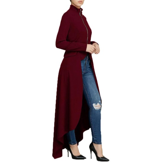 Women Long Dovetail Gothic Trench Coat Front Zipper Up Tailcoat Jacket